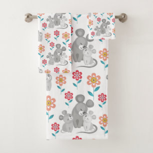 Mouse mother, babies, flowers pattern Mother's Day Bath Towel Set