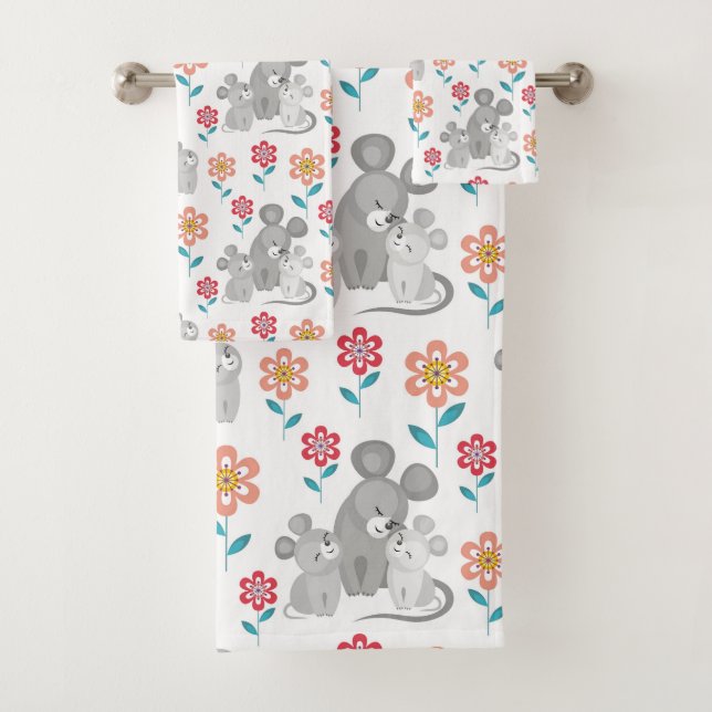 Mouse mother, babies, flowers pattern Mother's Day Bath Towel Set (Insitu)