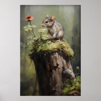 Mouse On Stump Forest Print, Dark Academia Animal