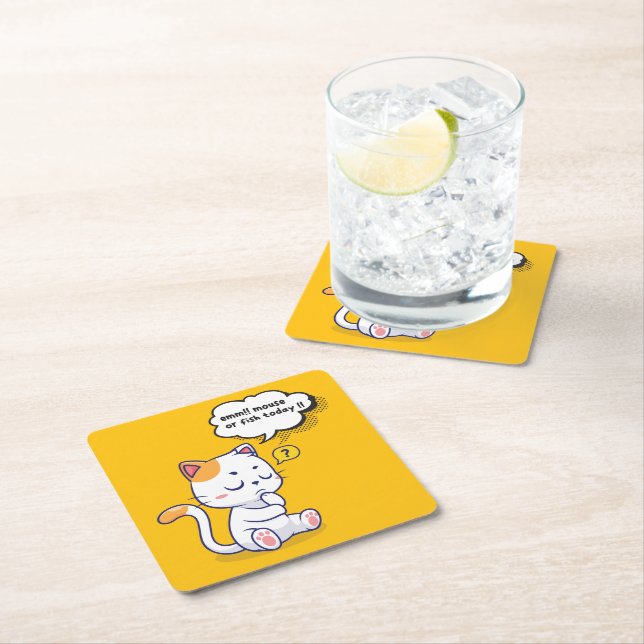 Mouse or Fish? – funny pet- Deep Thinking Cat Square Paper Coaster (Insitu)