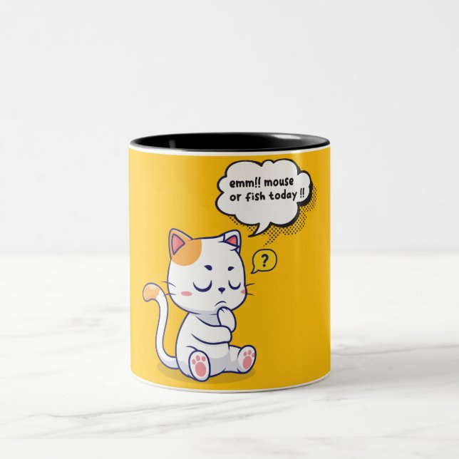 Mouse or Fish? – funny pet- Deep Thinking Cat Two-Tone Coffee Mug (Center)
