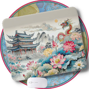 MOUSE PAD - A Dragon, a Pagoda, & a Flower Garden
