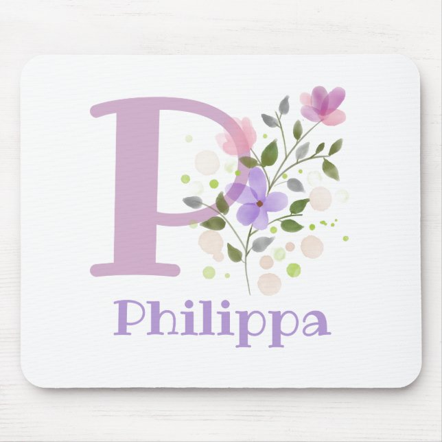 Mouse Pad Initial Plus Name & Flowers Design (Front)