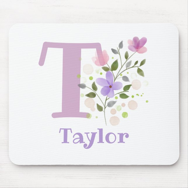 Mouse Pad Initial Plus Name & Flowers Design (Front)