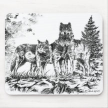 Mouse Pad - Three Wolfs Illustration
