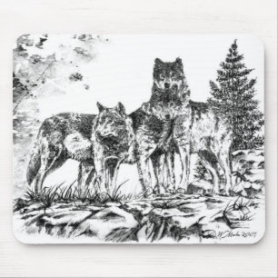 Mouse Pad - Three Wolfs Illustration