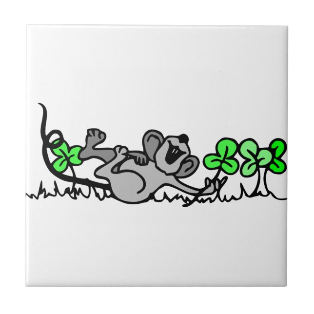 Mouse Playing In Shamrocks Ceramic Tile (Front)