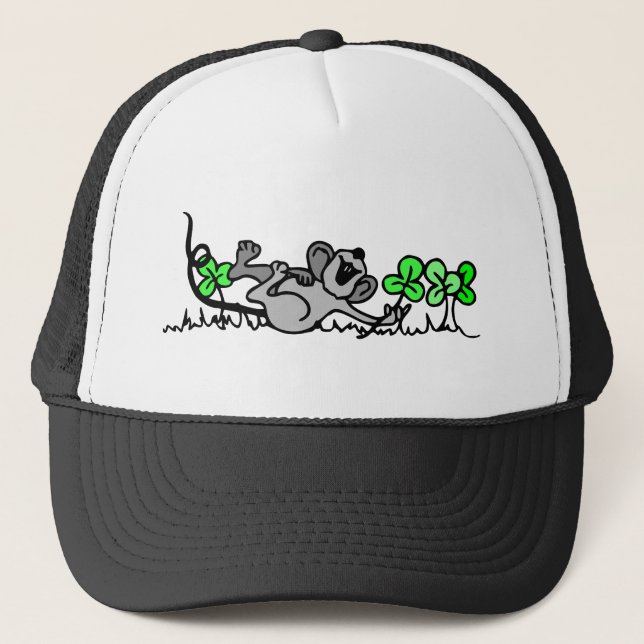 Mouse Playing In Shamrocks Trucker Hat (Front)
