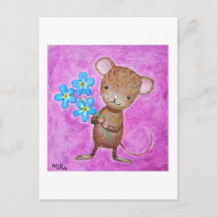 Mouse Postcard Cute Mouse Forget me Not Flowers