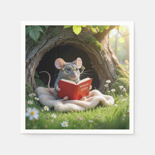 Mouse Reading a Red Book On a Blanket Napkin (Front)