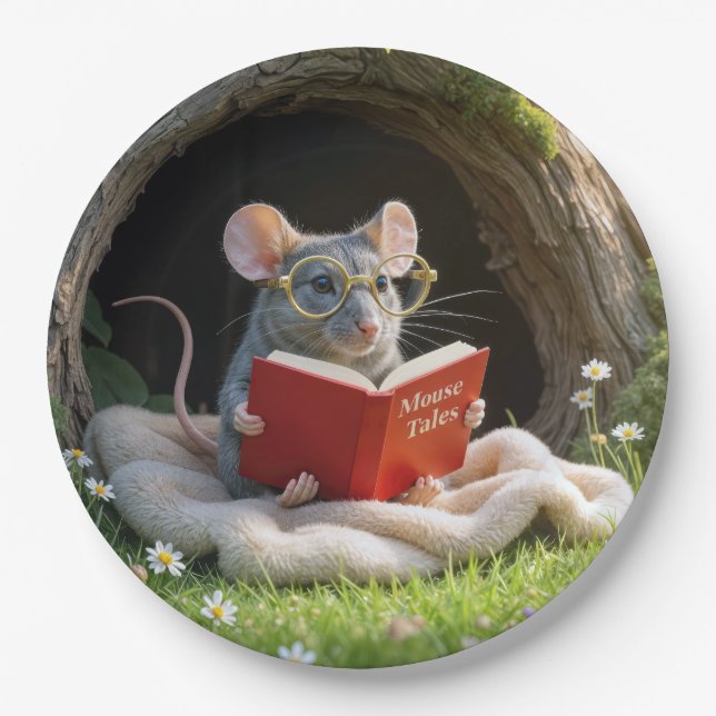 Mouse Reading a Red Book On a Blanket Paper Plate (Front)