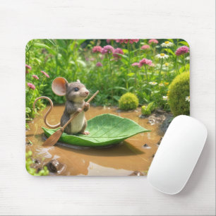 Mouse Rowing a Green Leaf Boat Mouse Pad