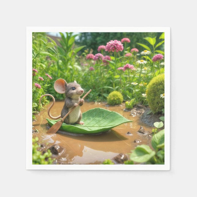 Mouse Rowing a Green Leaf Boat Napkin (Front)