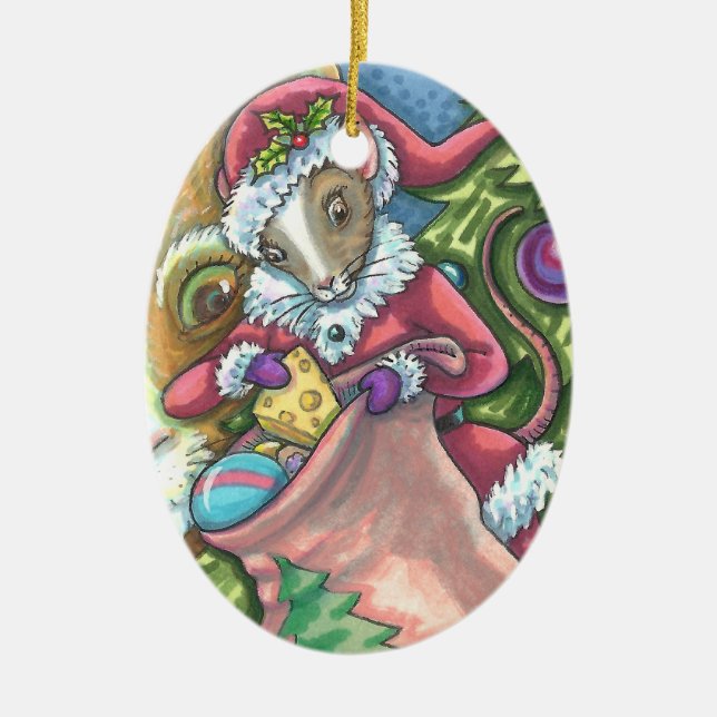 MOUSE SANTA BRINGS GOOD CATS CHRISTMAS GIFTS, Cute Ceramic Ornament (Front)