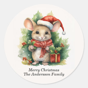 Mouse Santa Hat Merry Christmas Name Classic Round Sticker