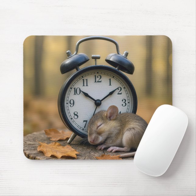 Mouse Sleeping By an Alarm Clock Mouse Pad (With Mouse)