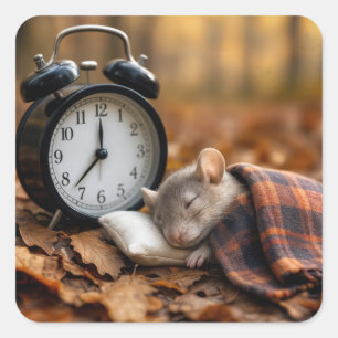 Mouse Sleeping By an Alarm Clock Square Sticker