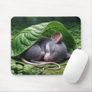 Mouse Sleeping In a Green Leaf Mouse Pad