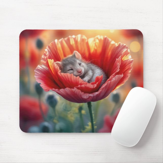 Mouse Sleeping In a Red Poppy Flower Mouse Pad (With Mouse)