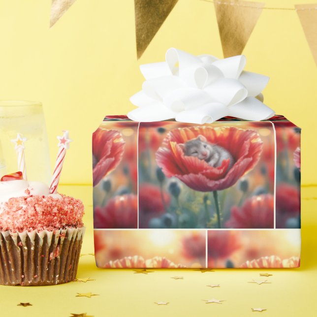 Mouse Sleeping In a Red Poppy Flower Wrapping Paper (Birthday Party)