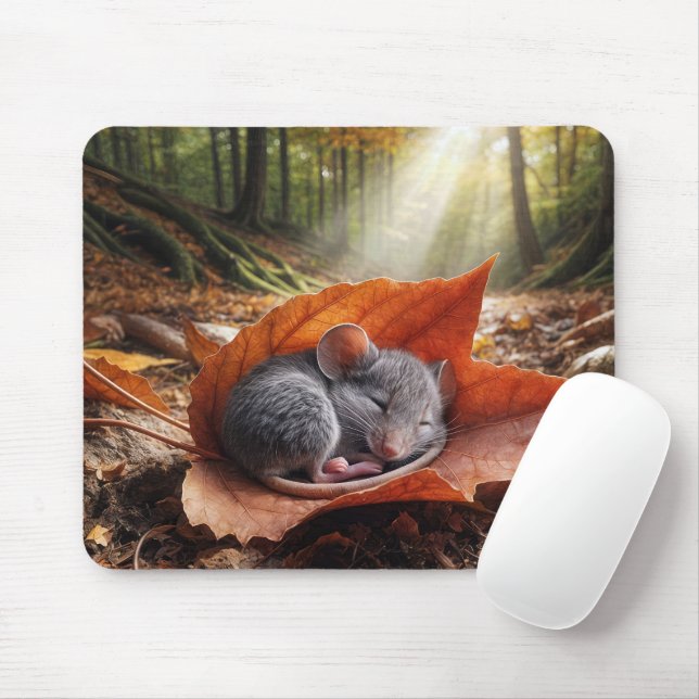 Mouse Sleeping On a Maple Leaf Mouse Pad (With Mouse)