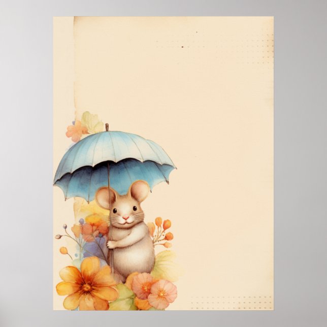 Mouse stained paper blue umbrella orange flowers poster (Front)