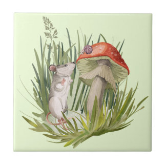 Mouse Talkig to Snail Watercolor Art  Ceramic Tile