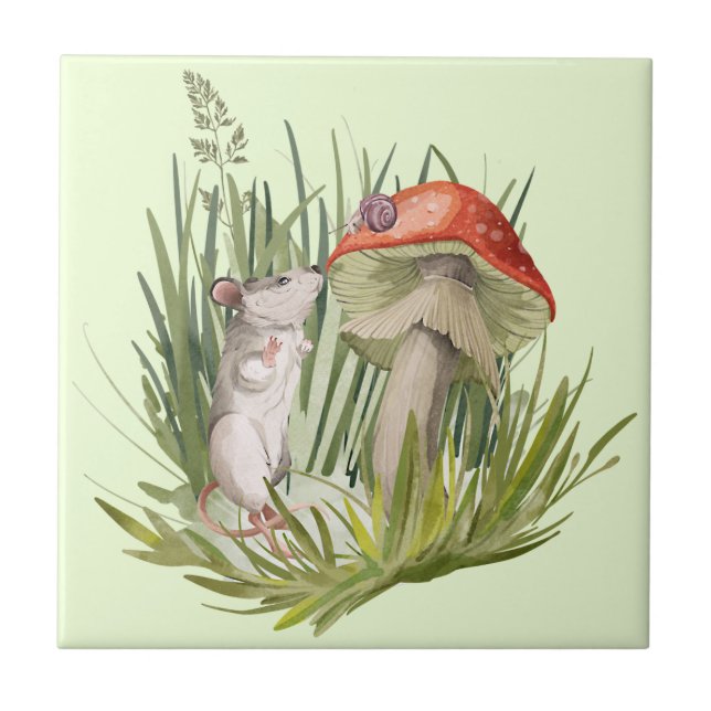 Mouse Talkig to Snail Watercolor Art  Ceramic Tile (Front)