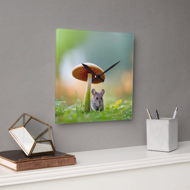 Mouse Under A Mushroom Square Wall Clock (Office)