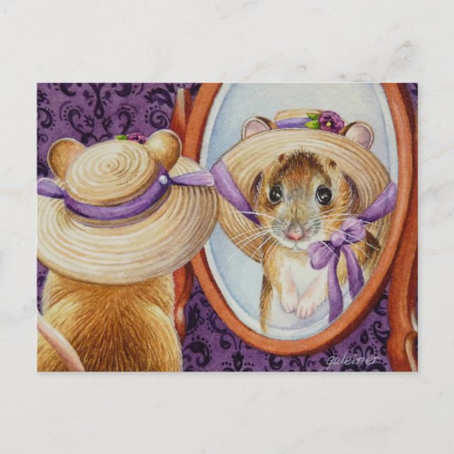 Mouse Wearing Spring Bonnet Mirror Watercolor Art Postcard (Front)