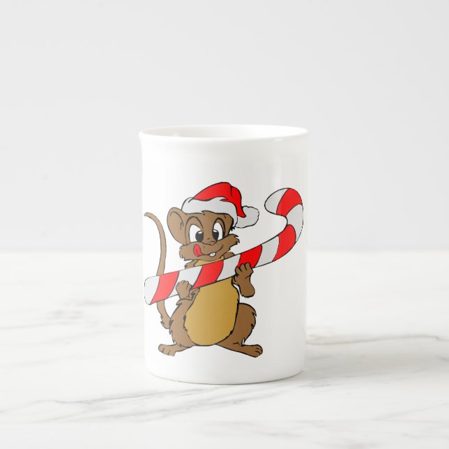 Mouse with a Christmas candy cane Bone China Mug (Front)