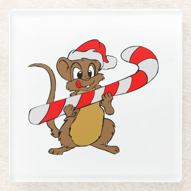Mouse with a Christmas candy cane Glass Coaster (Front)