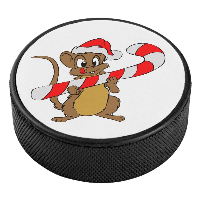 Mouse with a Christmas candy cane Hockey Puck (3/4)