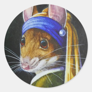 Mouse with a Pearl Earring Parody Watercolor Art Classic Round Sticker