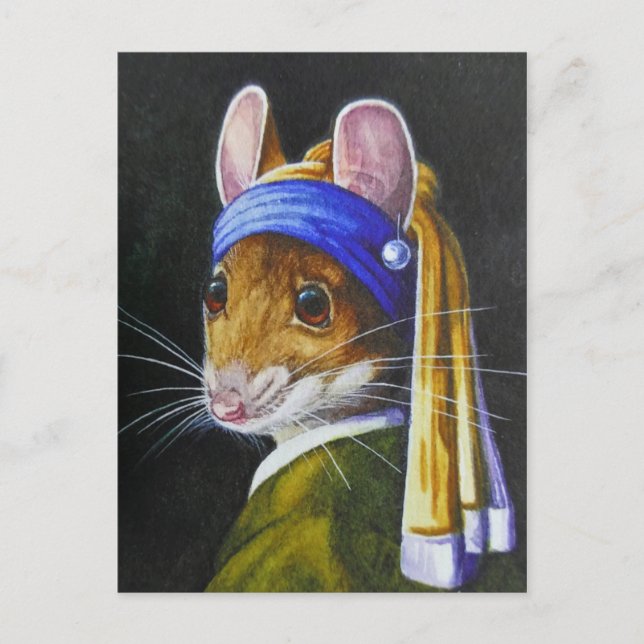 Mouse with a Pearl Earring Parody Watercolor Art Postcard (Front)