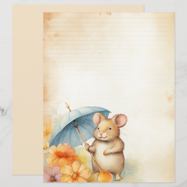 Mouse with blue umbrella orange pink flowers paper (Front/Back)