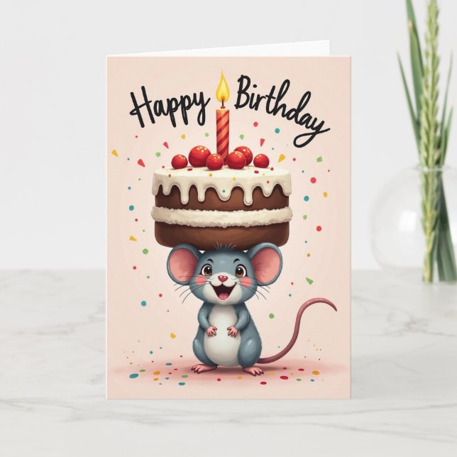 Mouse With Cake Birthday Card (Front)