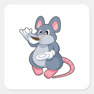Mouse with Coffee Cup Square Sticker