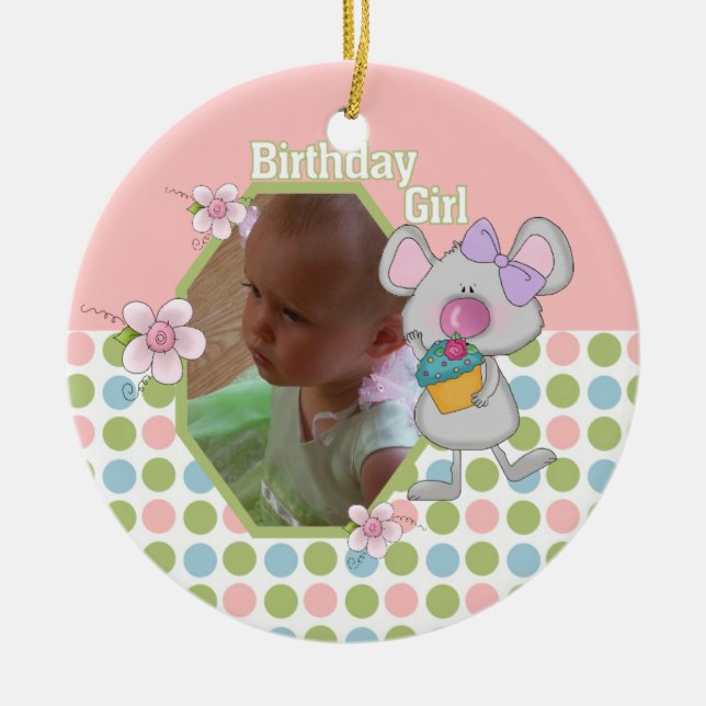Mouse with Cupcake Birthday Girl Keepsake Ornament (Front)