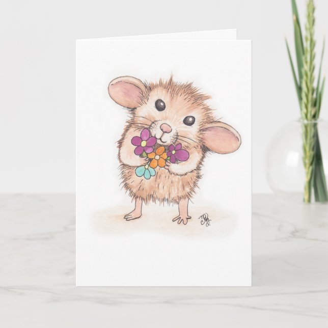Mouse with Flower Bouquet Happy Birthday Card (Front)