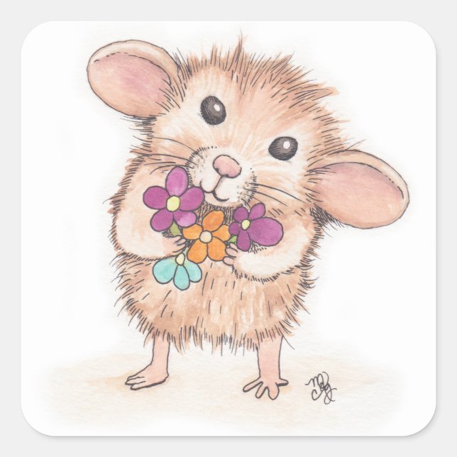 Mouse with Flower Bouquet Square Sticker (Front)