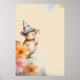 Mouse with hat orange pink flowers old paper blue poster