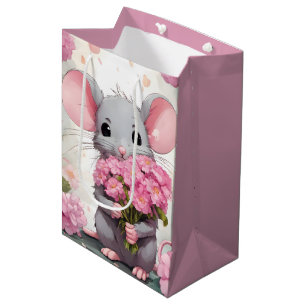Mouse With Pink Flower Bouquet Medium Gift Bag
