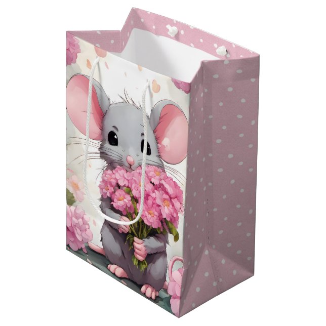Mouse With Pink Flowers and Polka Dots Medium Gift Bag (Front Angled)