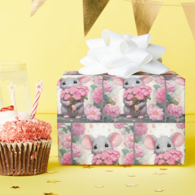 Mouse With Pink Flowers Wrapping Paper (Birthday Party)