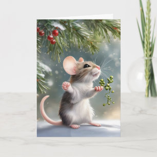 Mouse With Sprig of Mistletoe Holiday Card