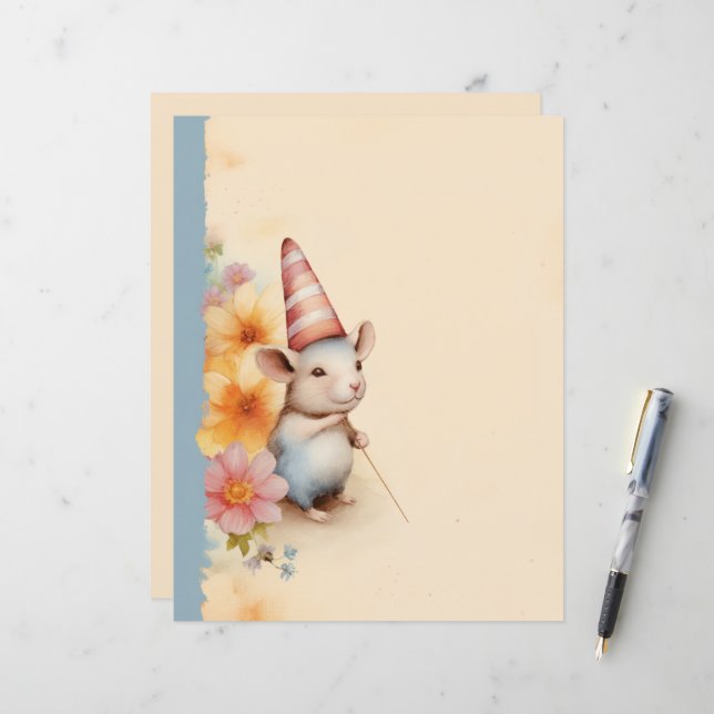 Mouse with striped hat orange pink flowers (Front/Back In Situ)