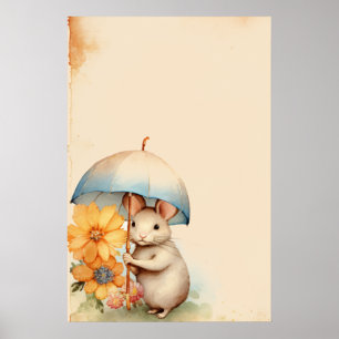 Mouse with umbrella and orange flowers on brown poster