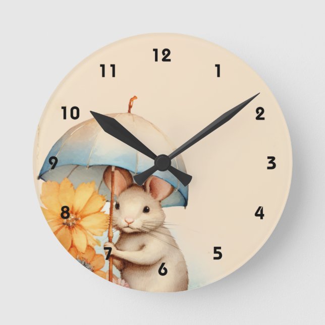 Mouse with umbrella and orange flowers on brown round clock (Front)