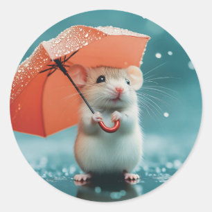 Mouse with Umbrella in Rain: Cute Rainy Day Scene Classic Round Sticker